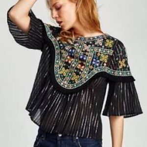 Zara black shimmer embroidered hi-low flowing top